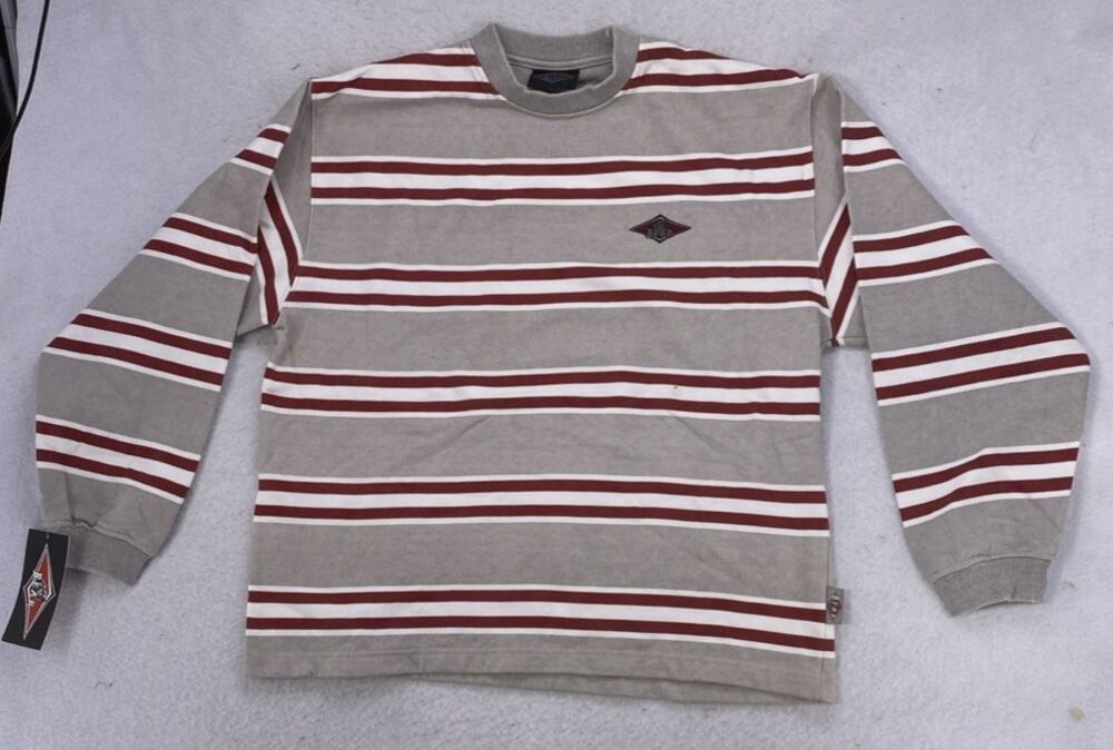 VTG 90s Bear USA Striped Long Sleeve Shirt Mens Large L Gray Maroon Made in USA